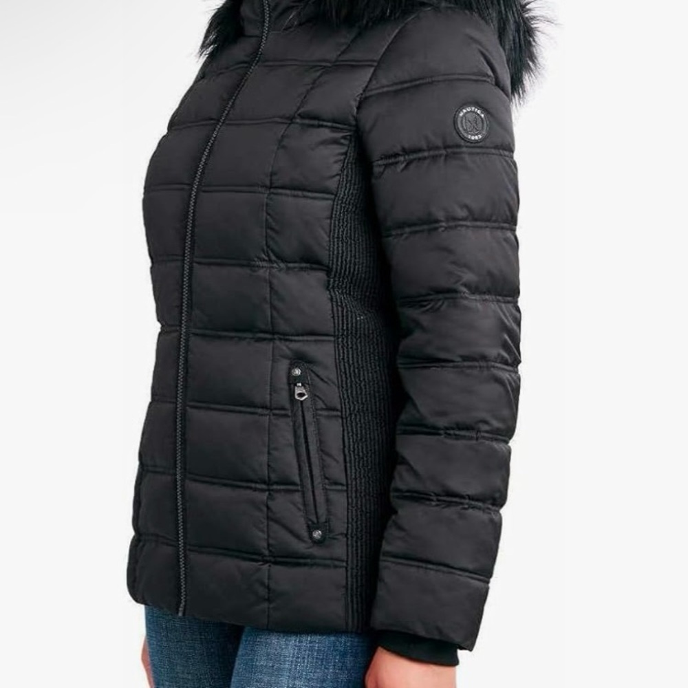 Nautica women Black Puffer Jacket with Faux Fur  multiple sizes M, XL, XXL NWT